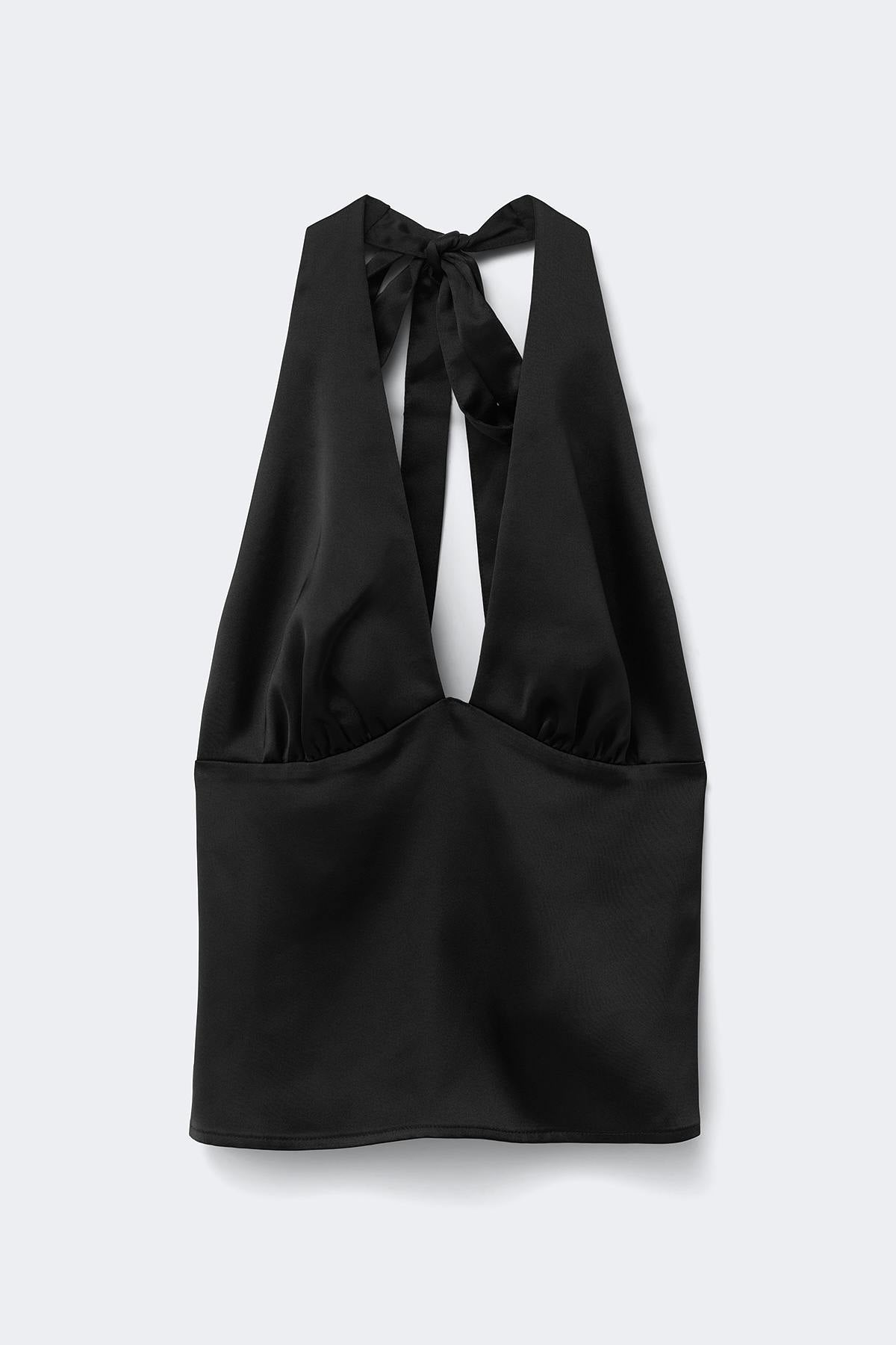 Satin tie back halterneck top - Noir