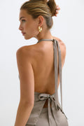Satin tie back halterneck top - Taupe grey