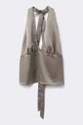 Satin tie back halterneck top - Taupe grey