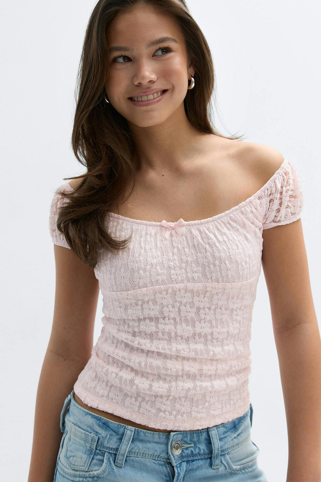 Y lace ruched top - Shrinking violet