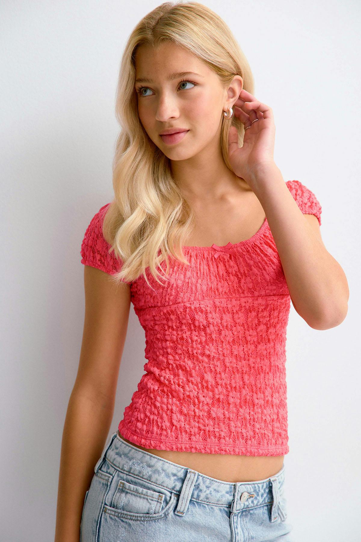 Y lace ruched top - Corail