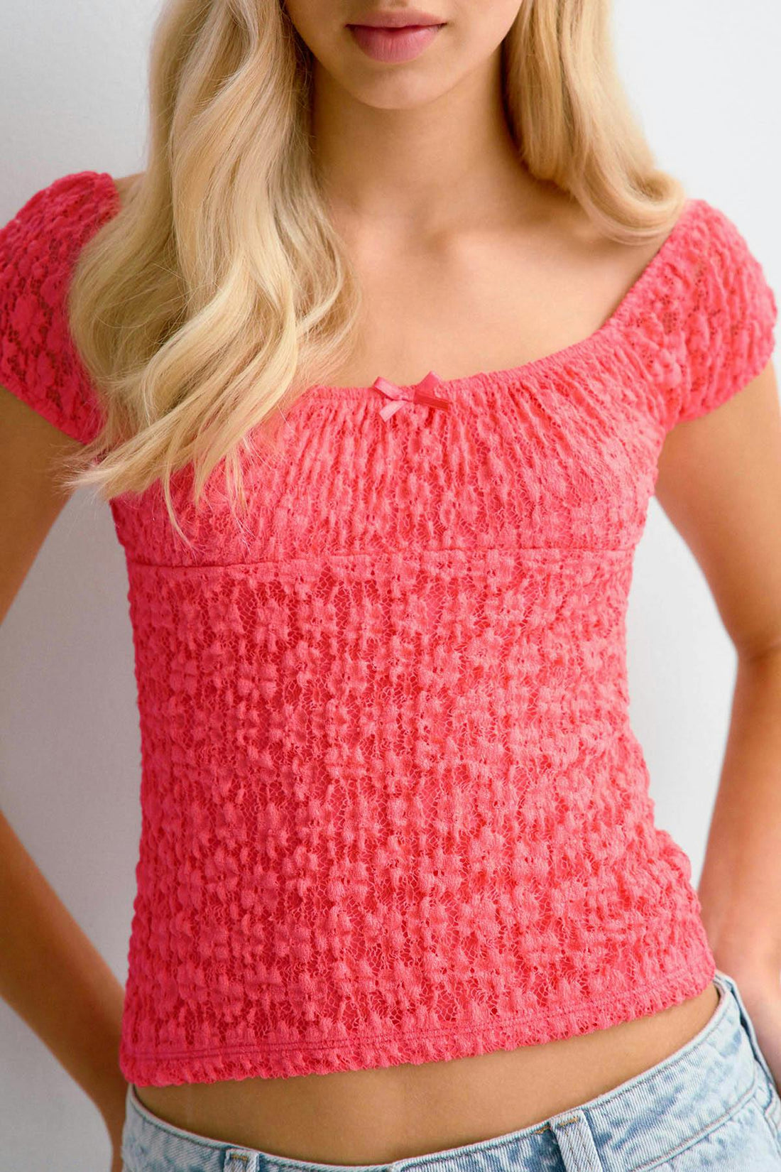 Y lace ruched top - Corail