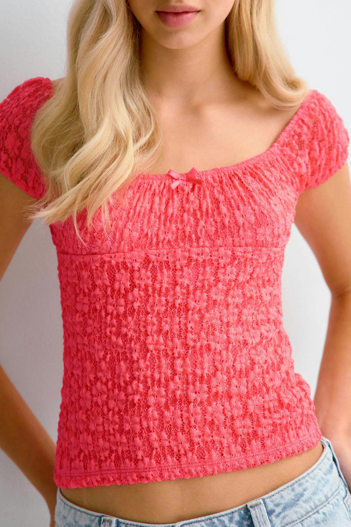 Y lace ruched top - Corail