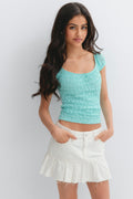 Y lace ruched top - Blue/beige