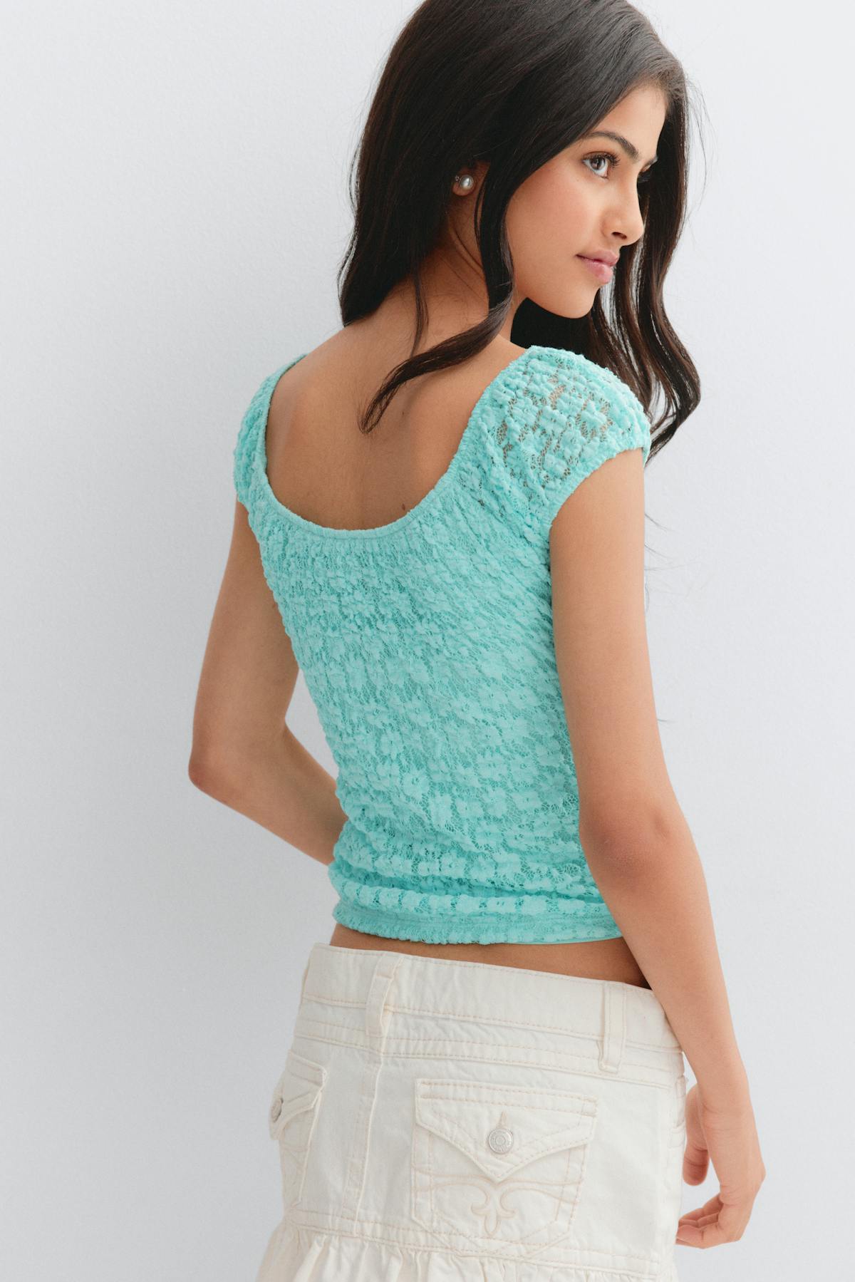Y lace ruched top - Blue/beige