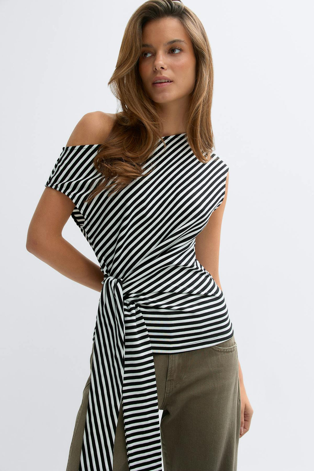 Tie detail stripe top - Black stripe