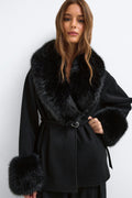 Faux fur collar belted jacket - Noir