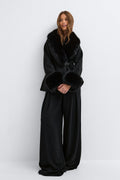 Faux fur collar belted jacket - Noir