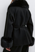 Faux fur collar belted jacket - Noir
