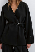 Faux fur collar belted jacket - Noir