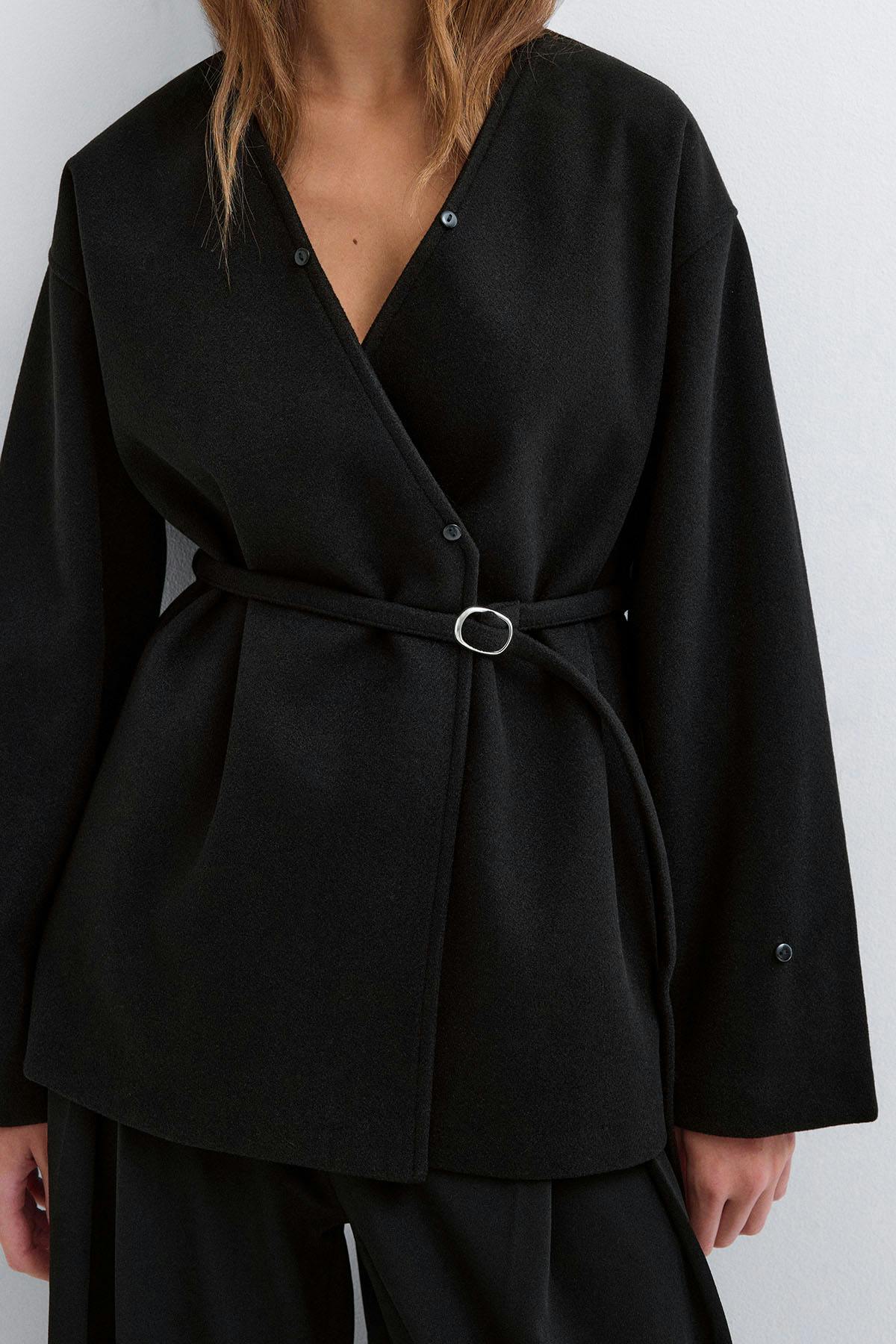 Faux fur collar belted jacket - Noir