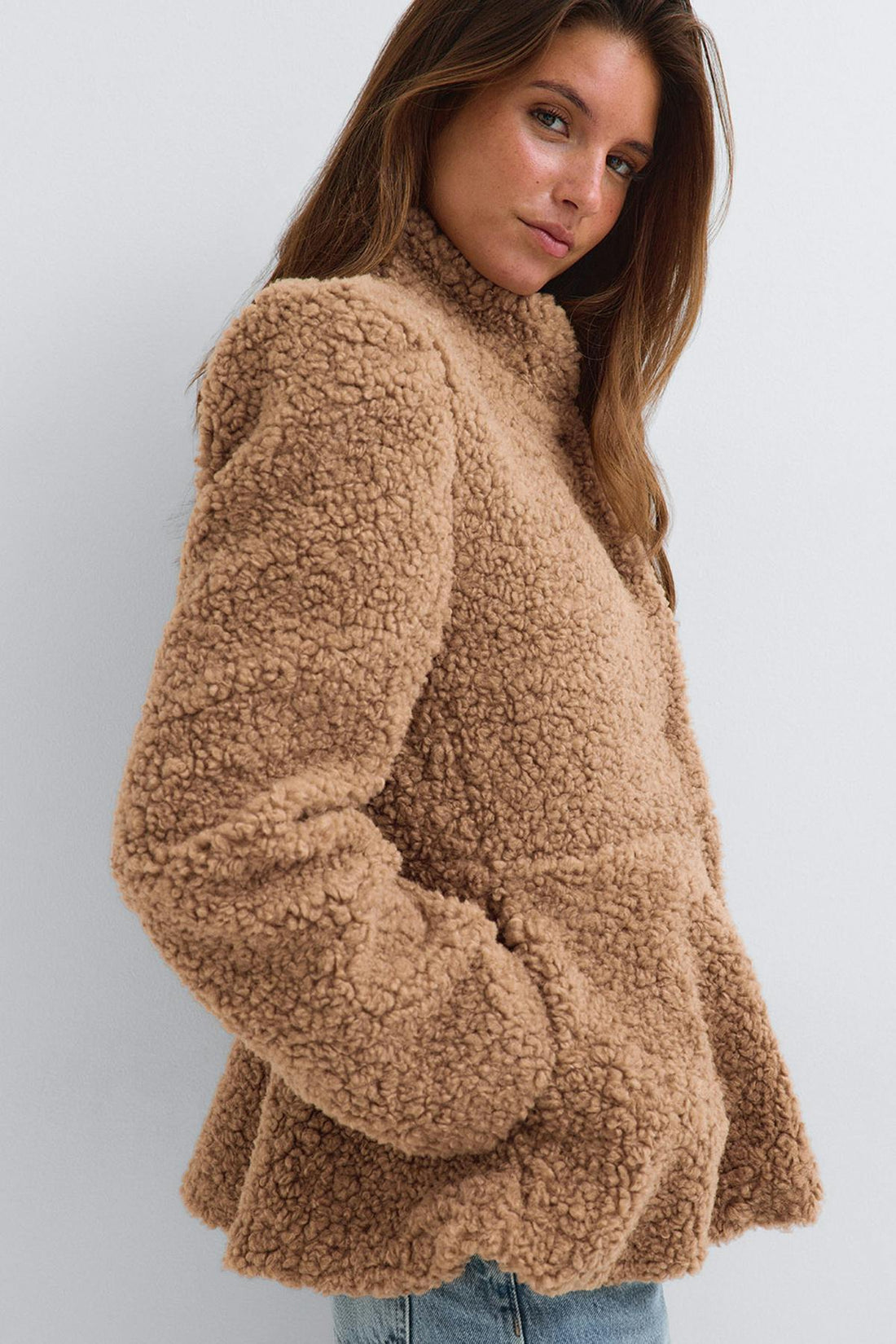 Peplum pile jacket - Almond spot aop