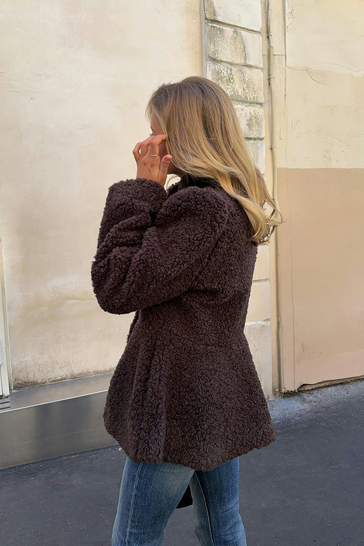 Peplum pile jacket - Almond spot aop