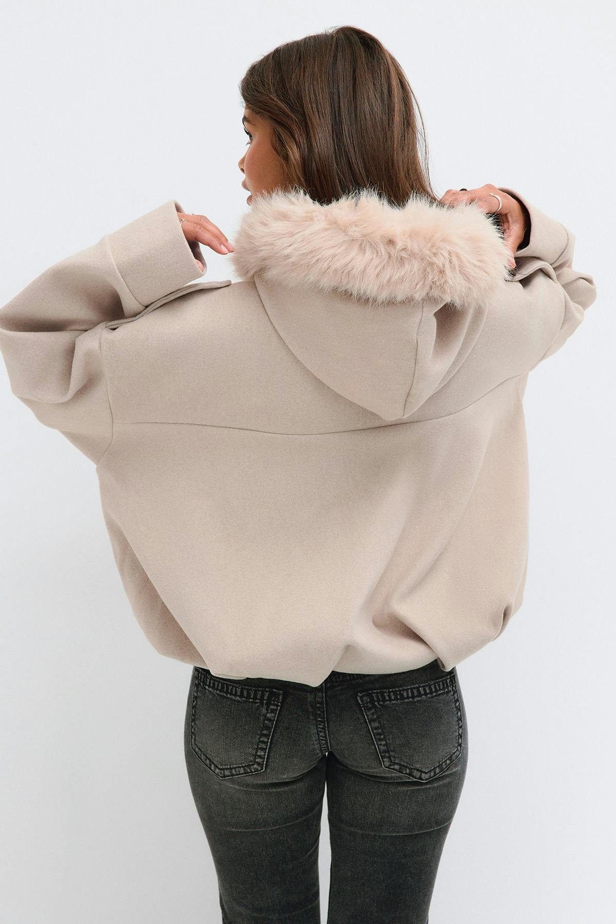 14+ fur hood jacket - Beige mel