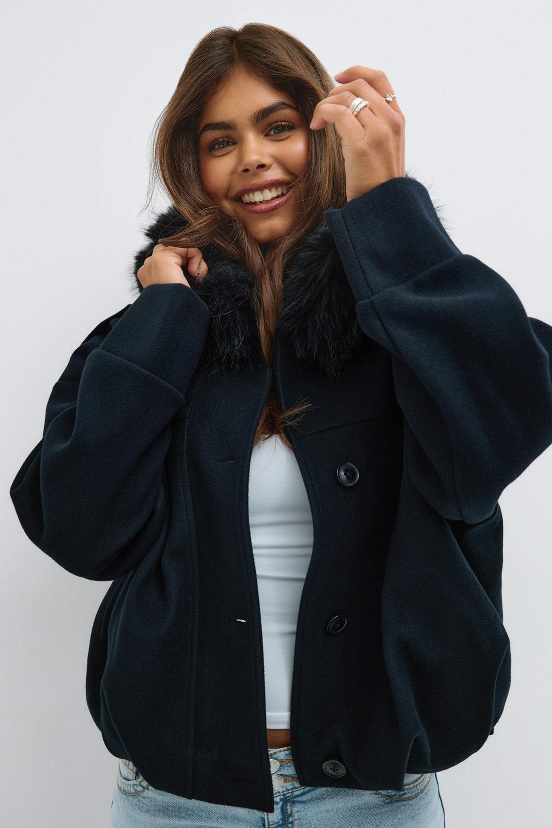 14+ fur hood jacket - Navy blazer