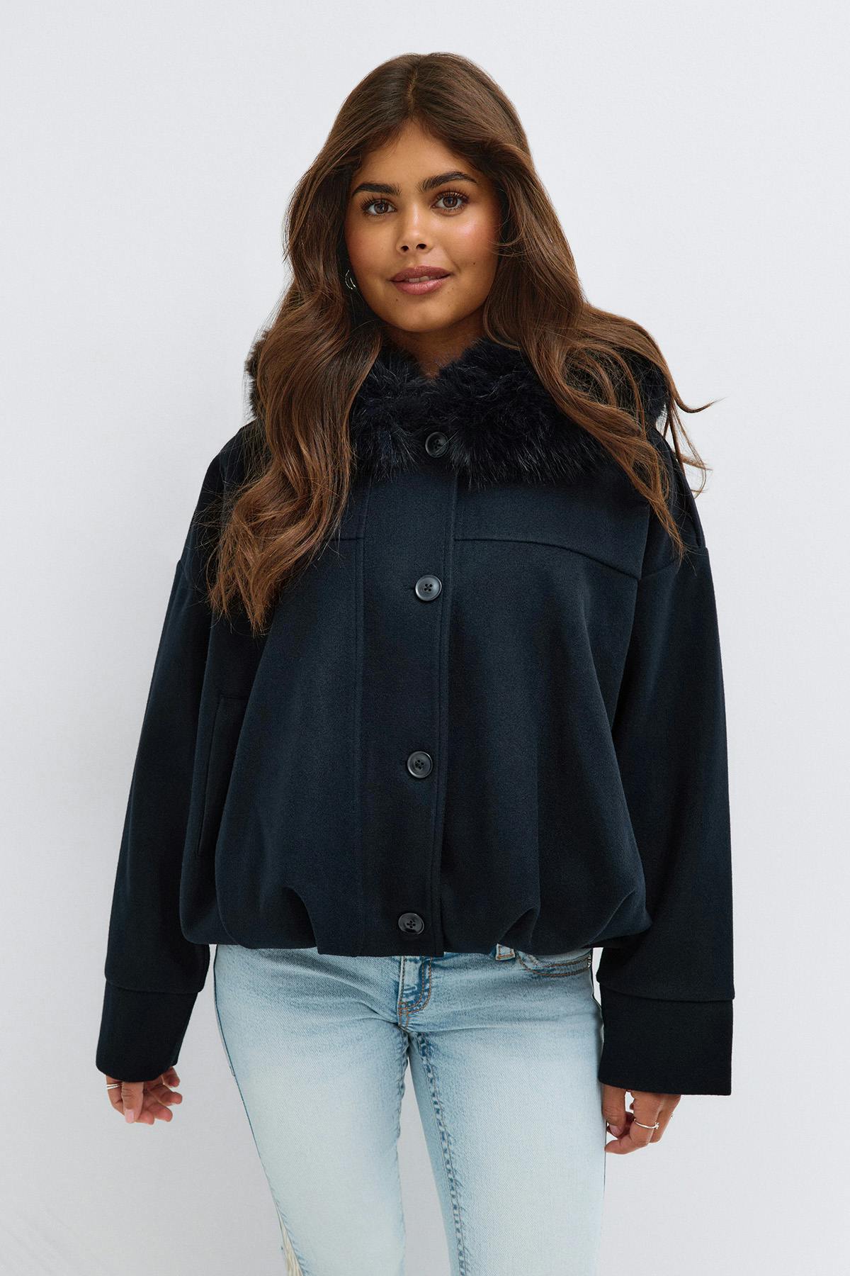 14+ fur hood jacket - Navy blazer