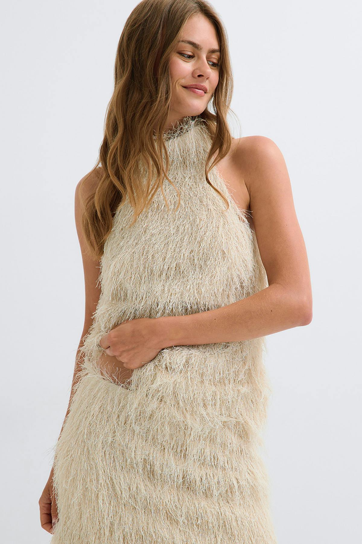 Open back halterneck top - Beige clair