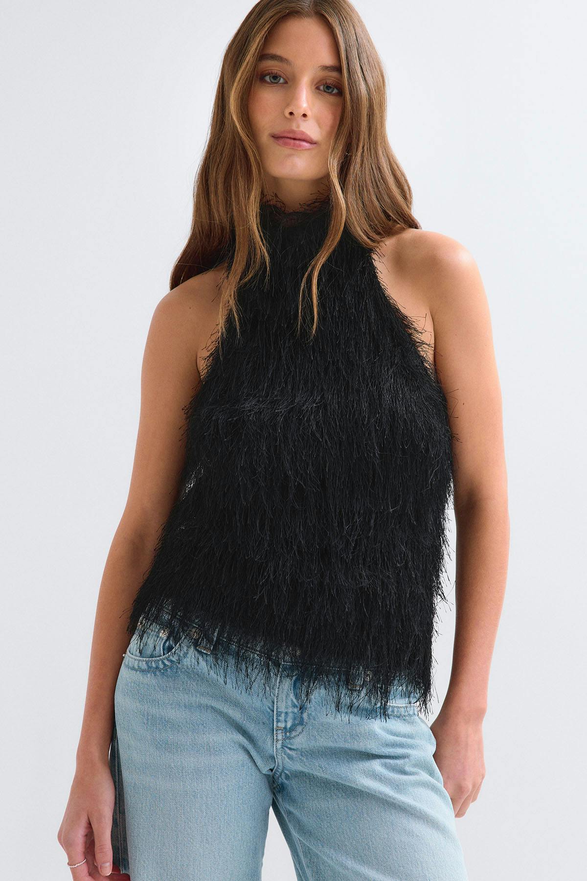 Open back halterneck top - Beige clair
