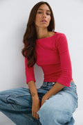 Quarter sleeve boatneck top - Pink stripe