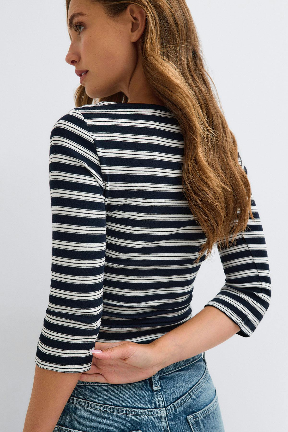 Quarter sleeve boatneck top - Black stripe