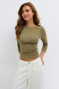 Quarter sleeve boatneck top - Pink stripe
