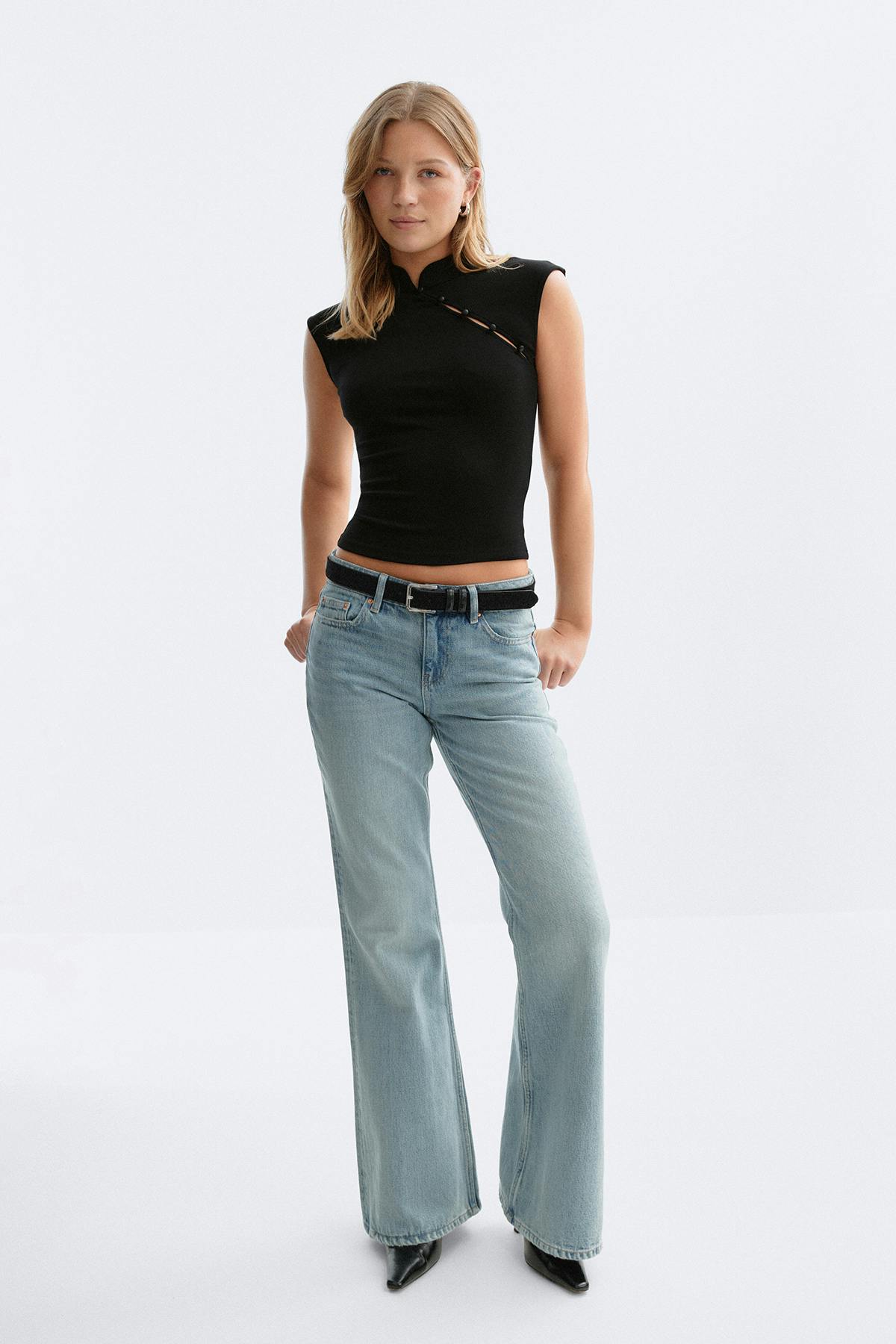 Mandarin collar button top - Noir