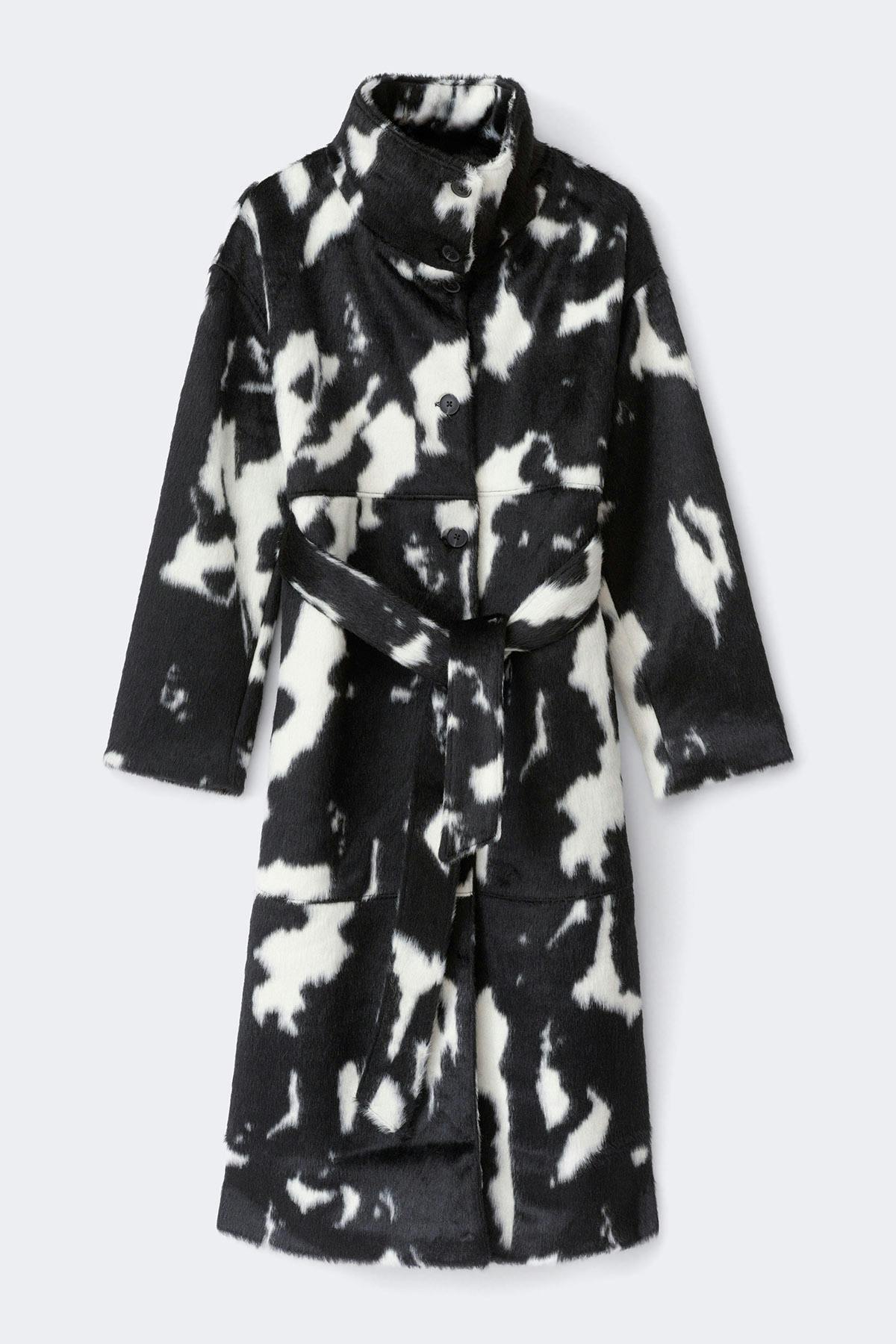 Faux fur high neck coat - Black/white
