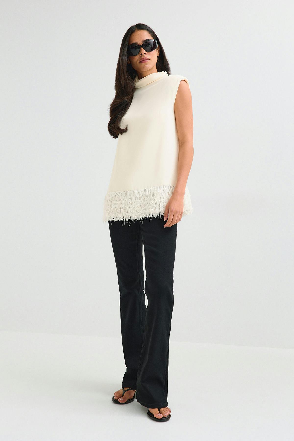 Faux feather top - Creme