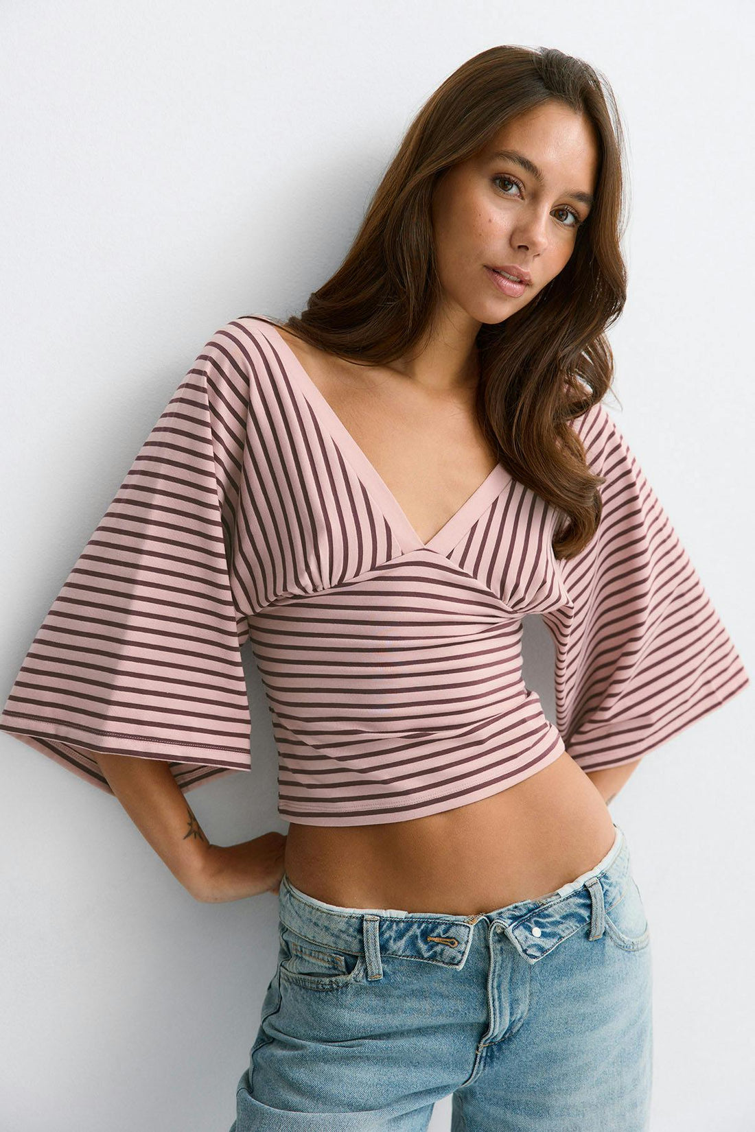 V-neck wide sleeve top - Pale mauve