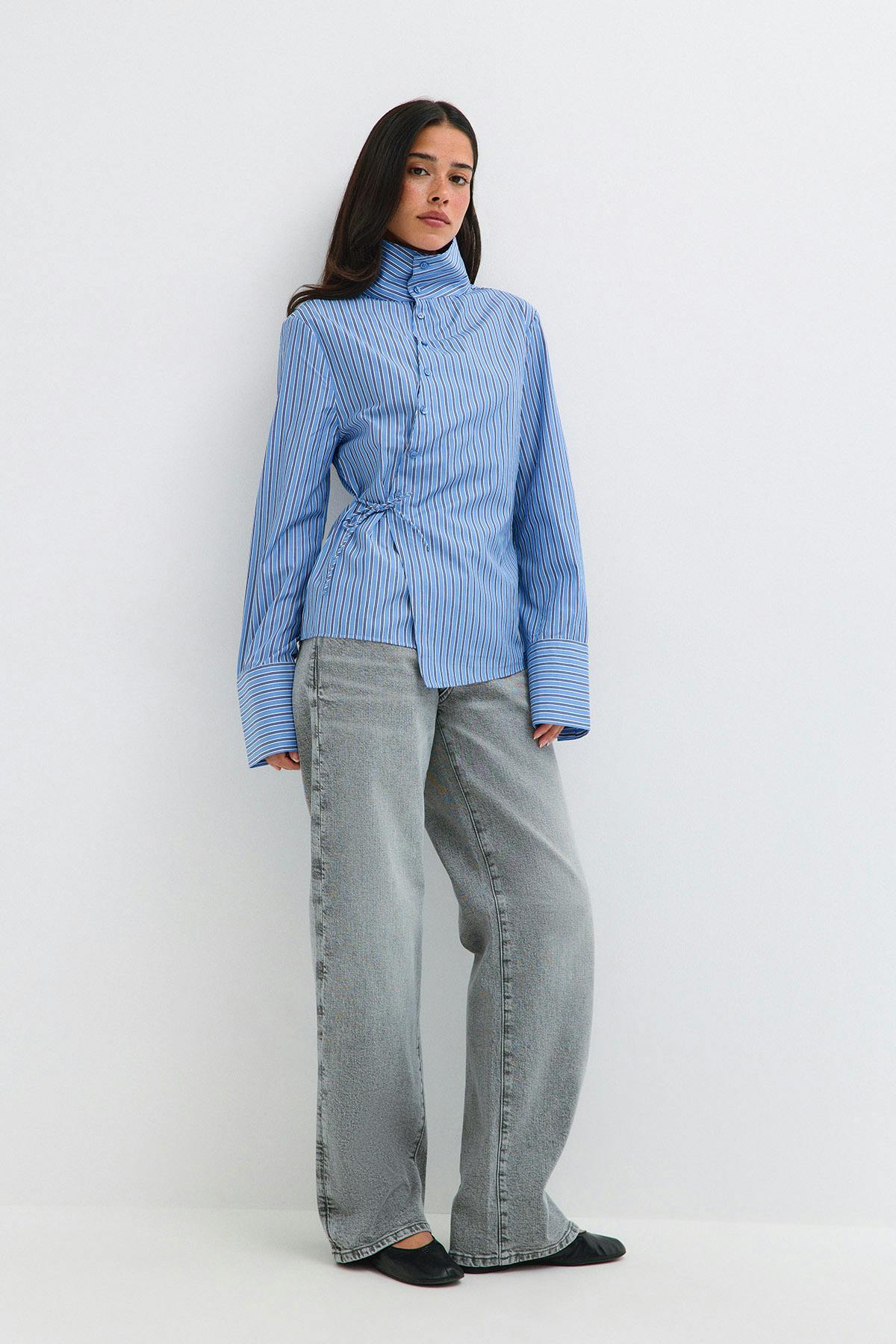 High neck shaped shirt - Blue/stripe
