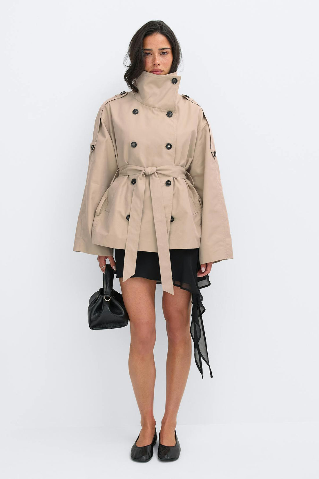 Dropped waist high neck trench - Beige
