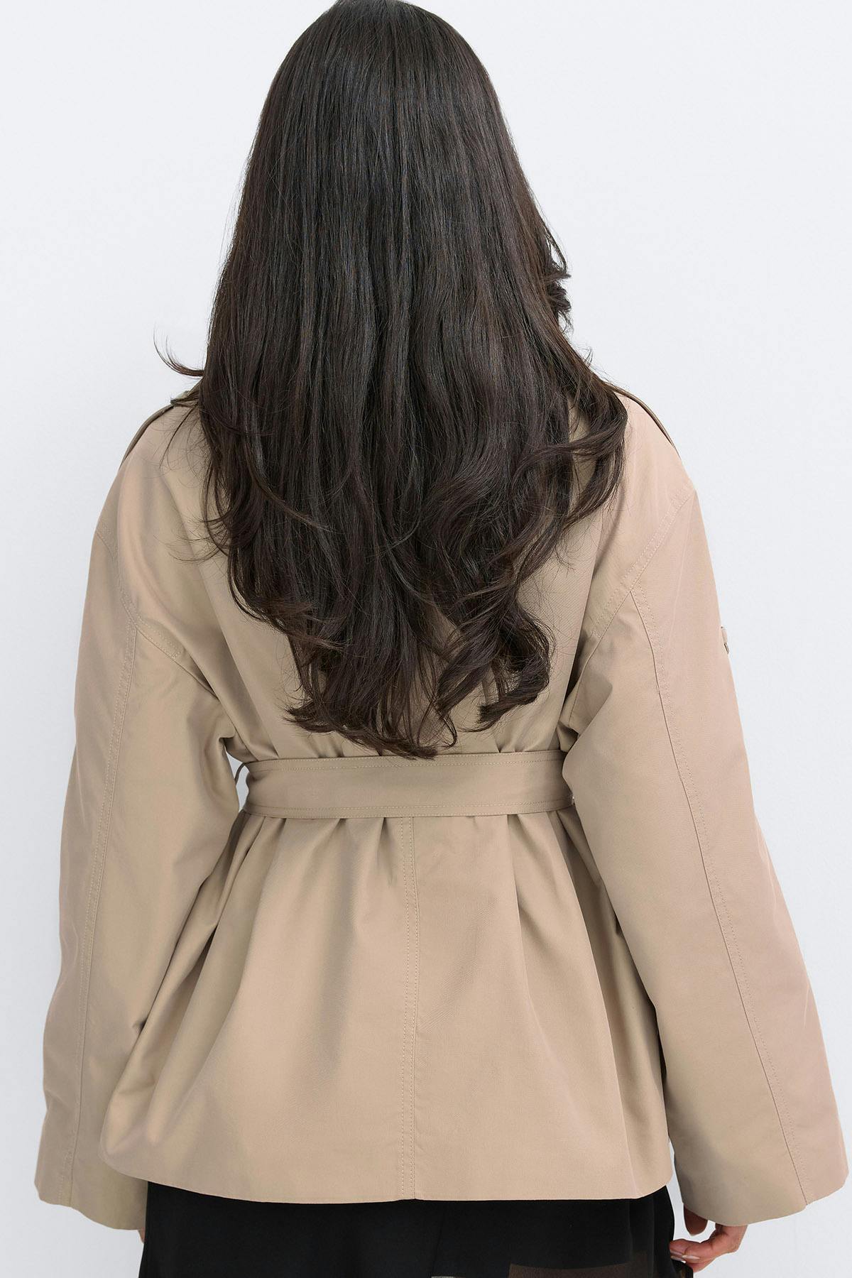 Dropped waist high neck trench - Beige