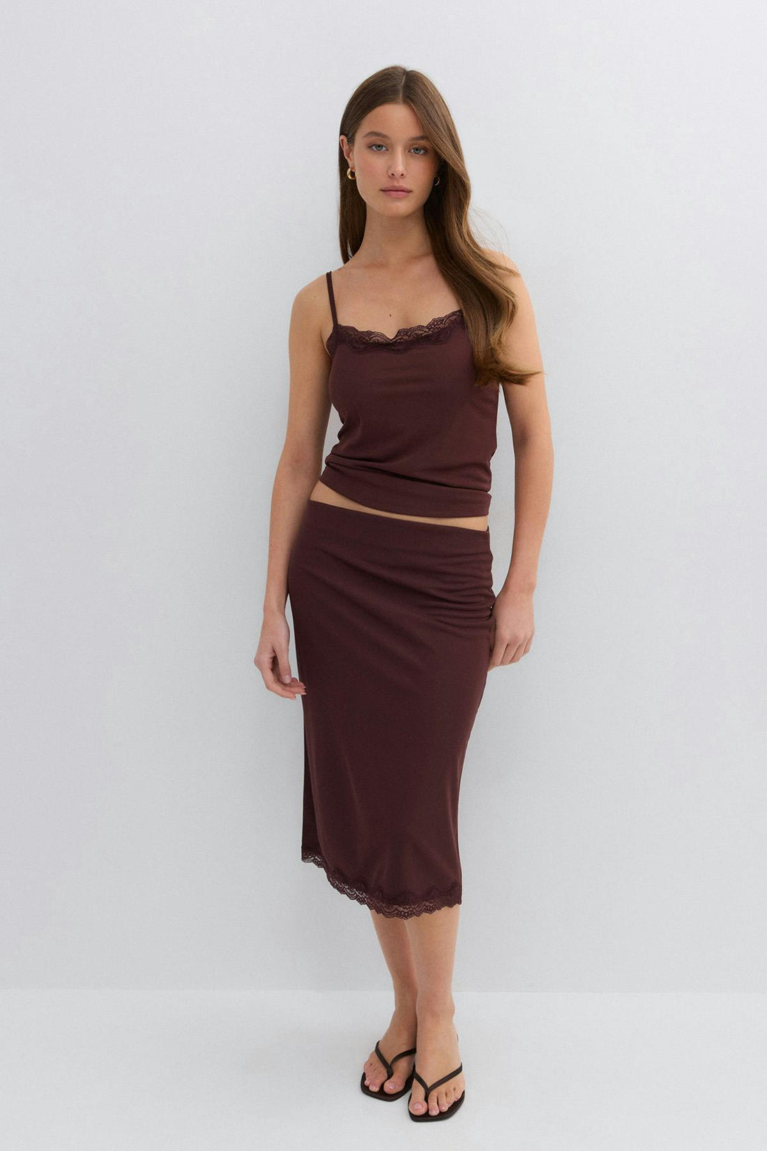 90s midi lace detail skirt - Decadent chocolate