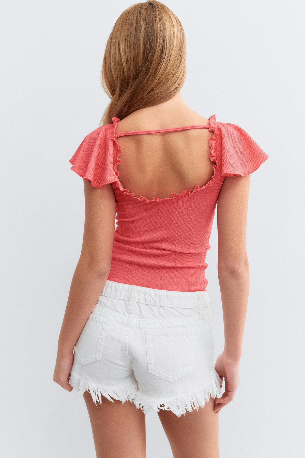 Y open back frill top - Corail