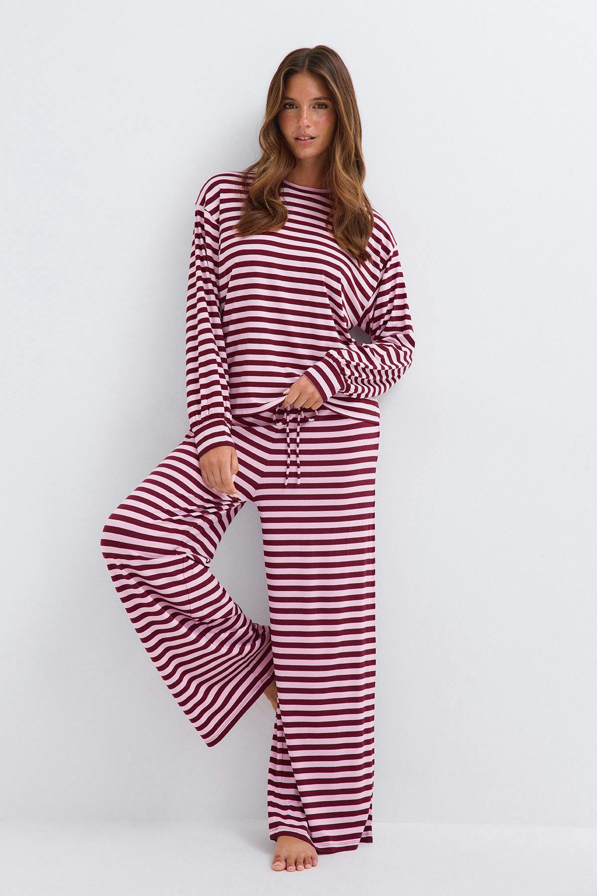 Soft drawstring trousers - Brown/blue stripe