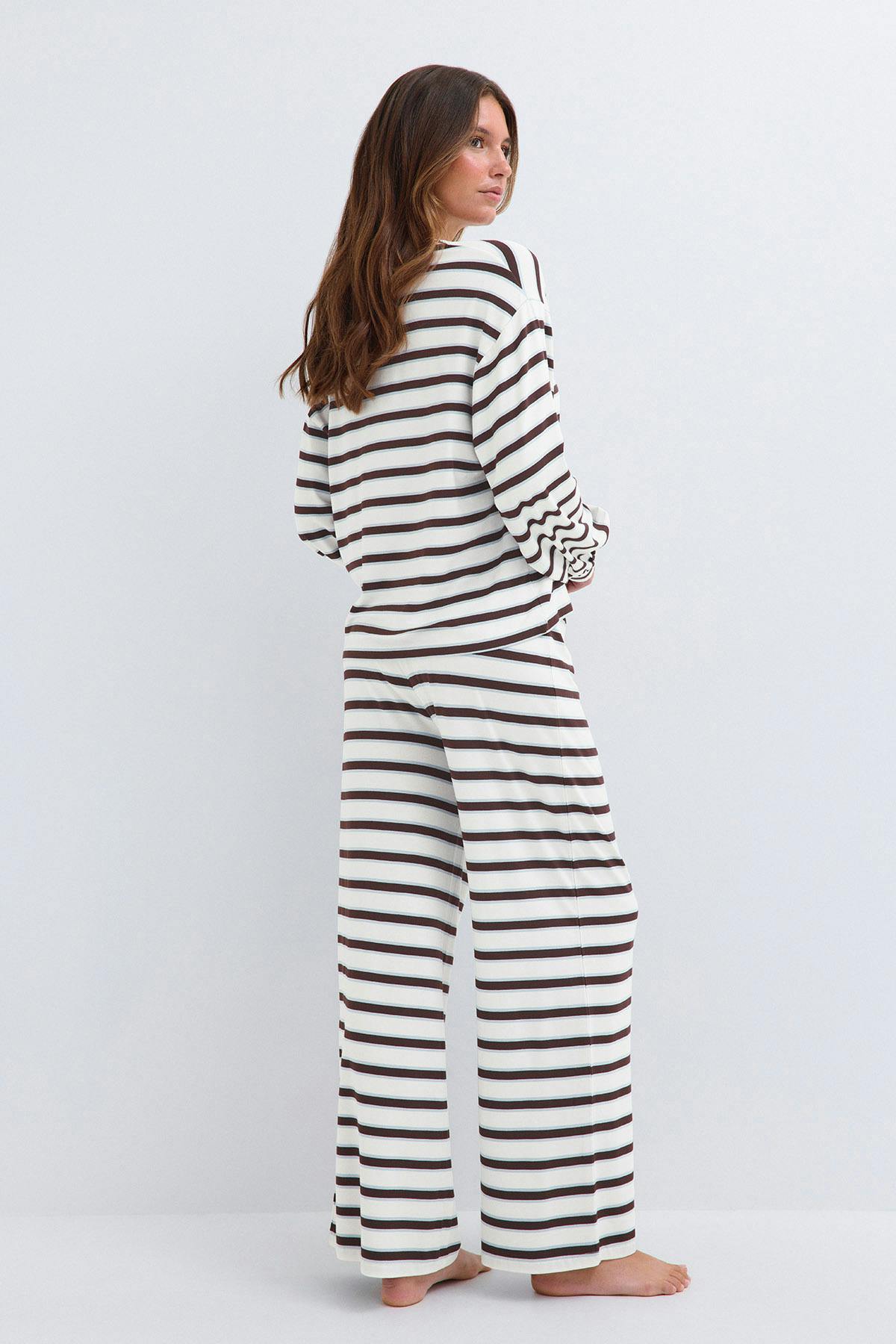 Soft drawstring trousers - Brown/blue stripe