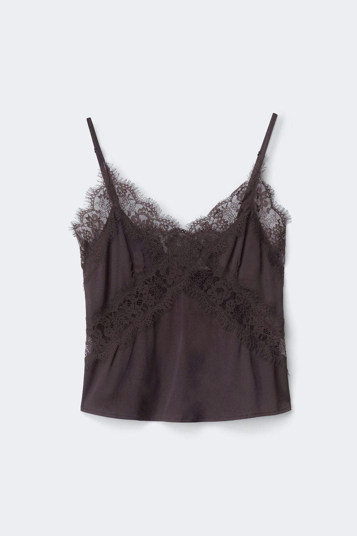 Satin lace singlet - Marron foncé