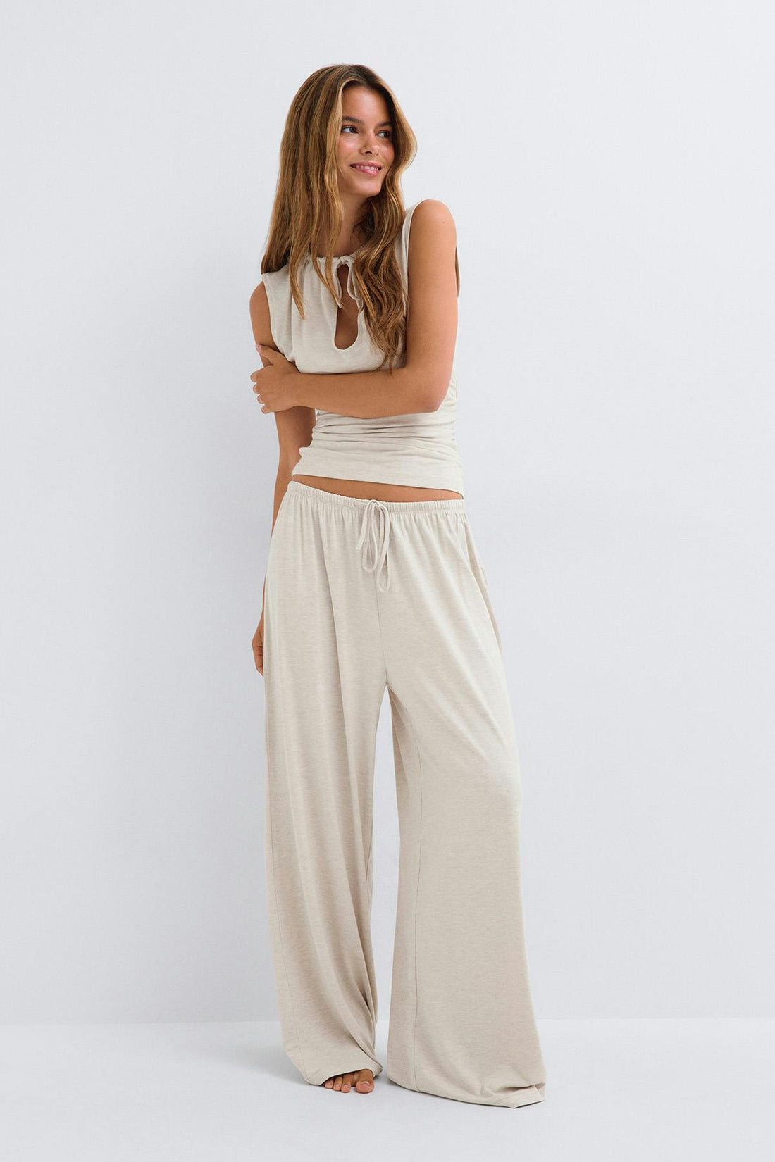 Soft wide loungewear trousers - Beige melange