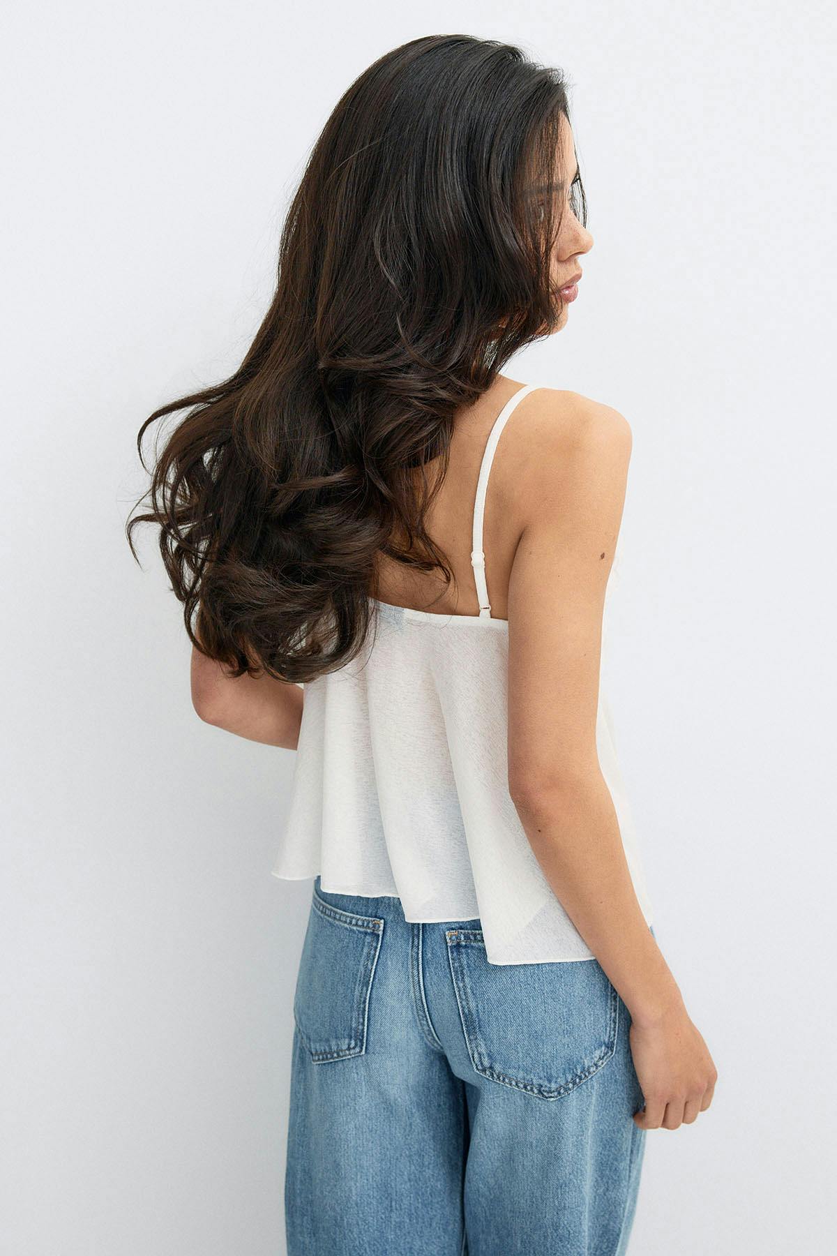 Sheer ruffle strap singlet - Blanc cassé