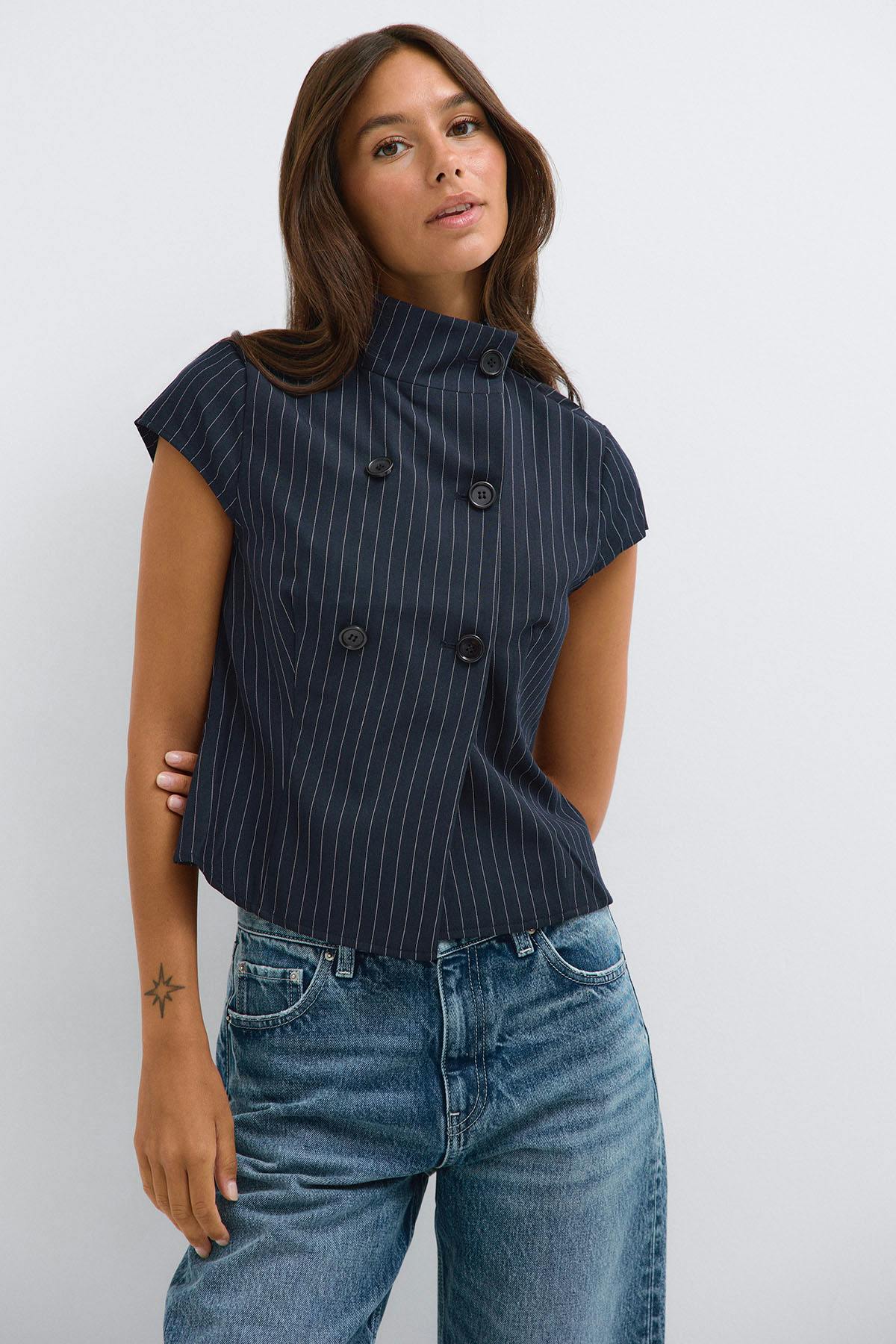 High neck top - Navy pinstripe