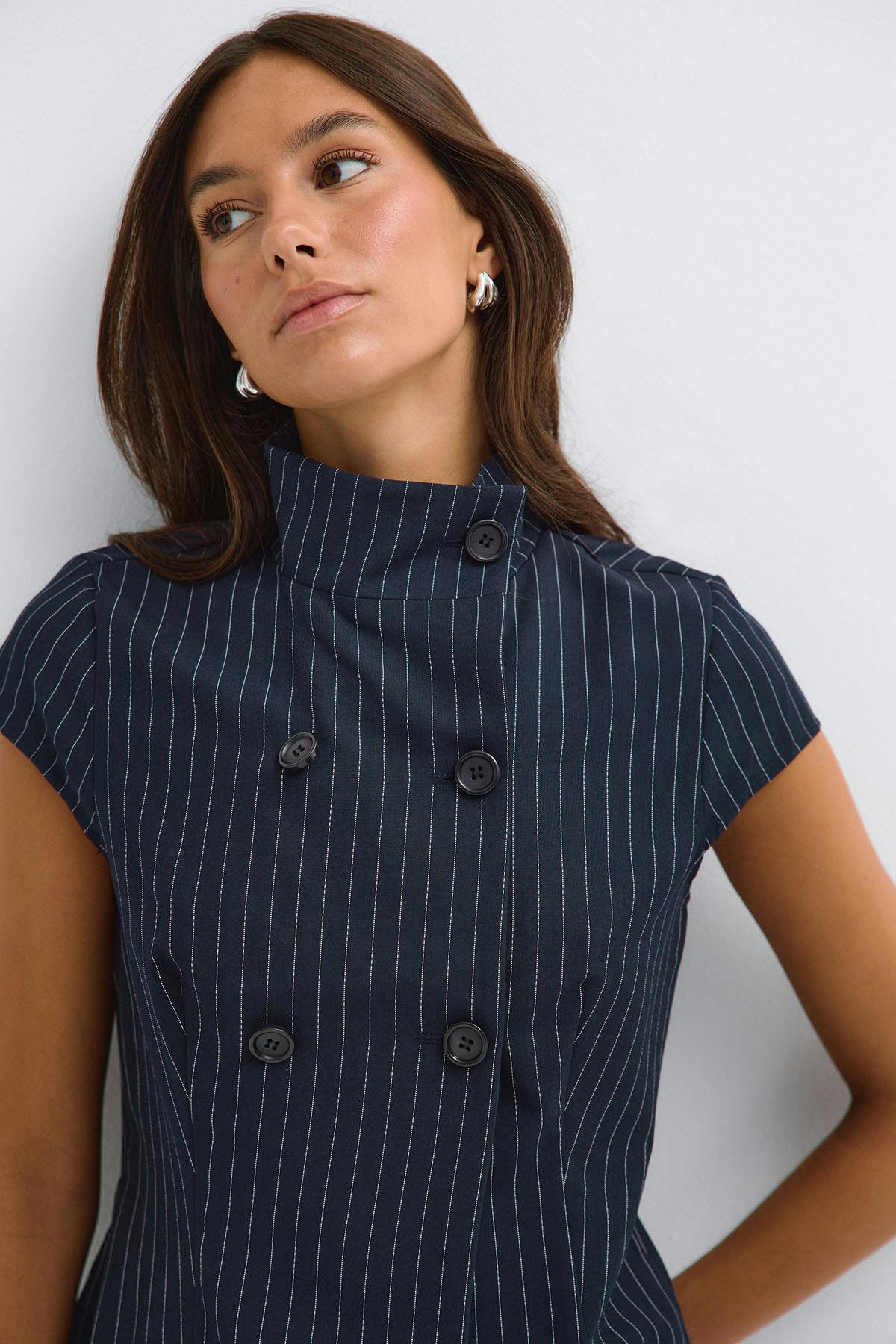 High neck top - Navy pinstripe