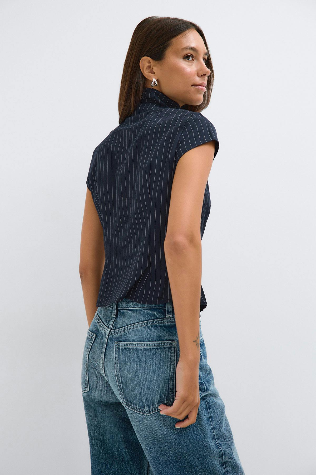 High neck top - Navy pinstripe