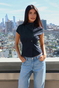 High neck top - Navy pinstripe