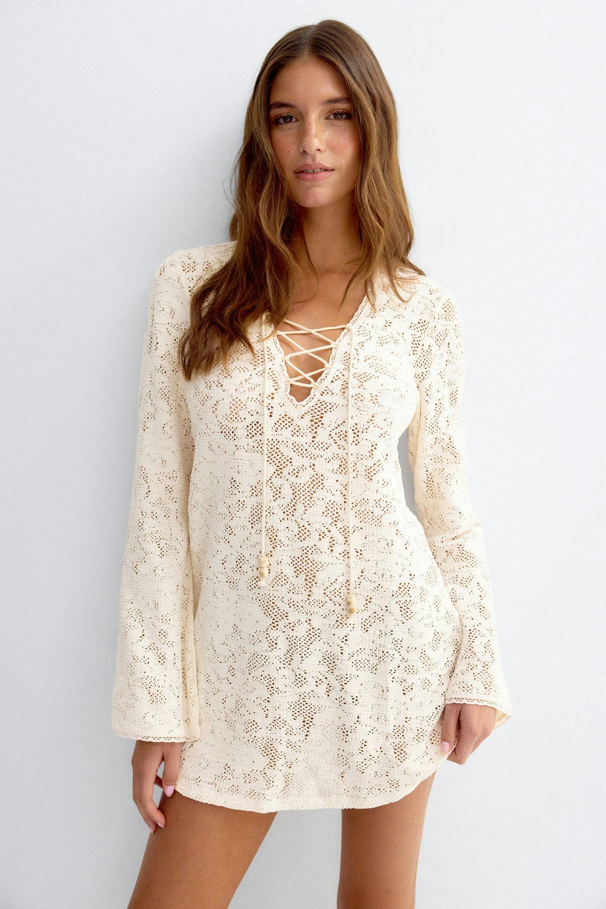 Beach crochet lacing dress - Crème