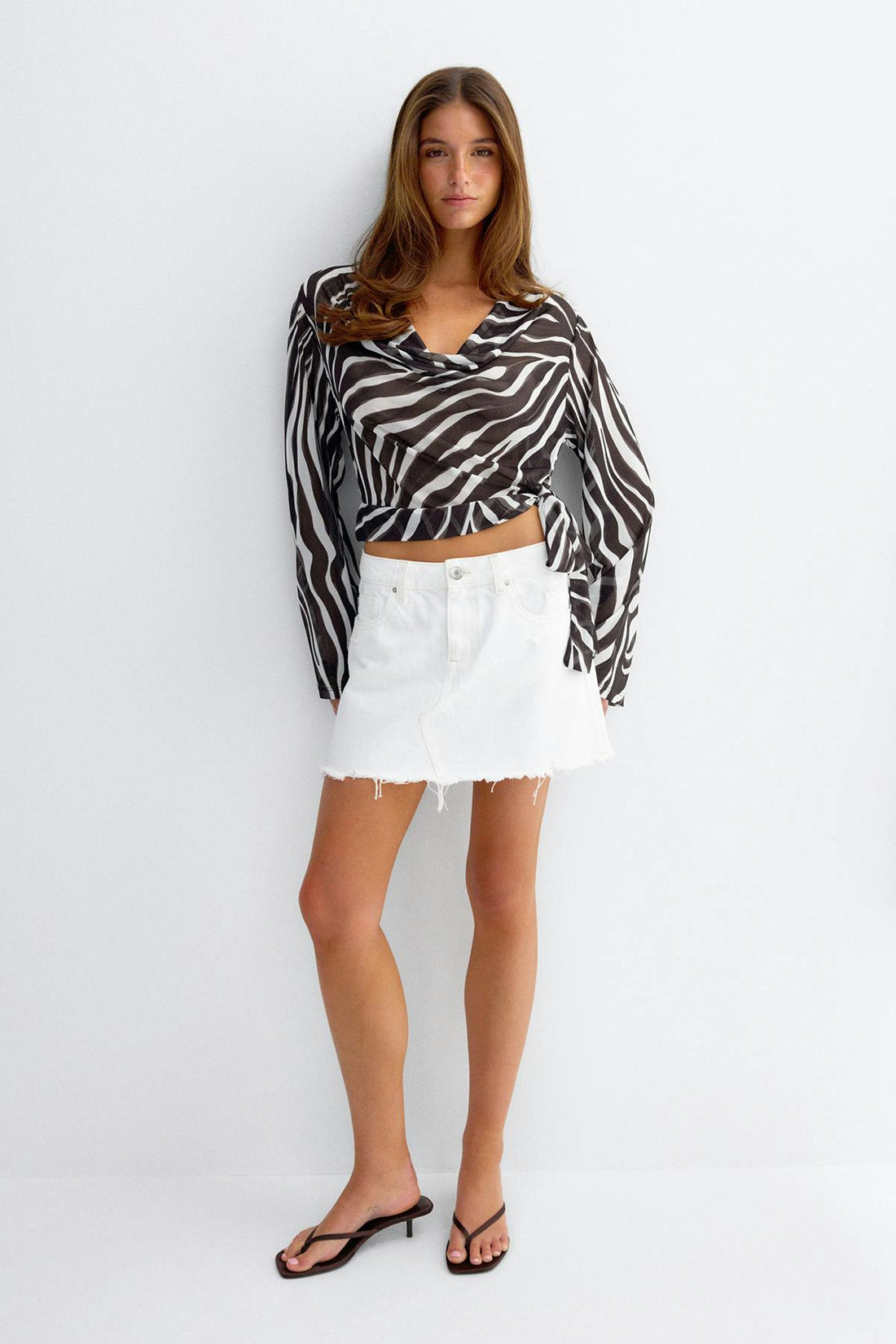 Sheer cowl neck tie top - Zebra