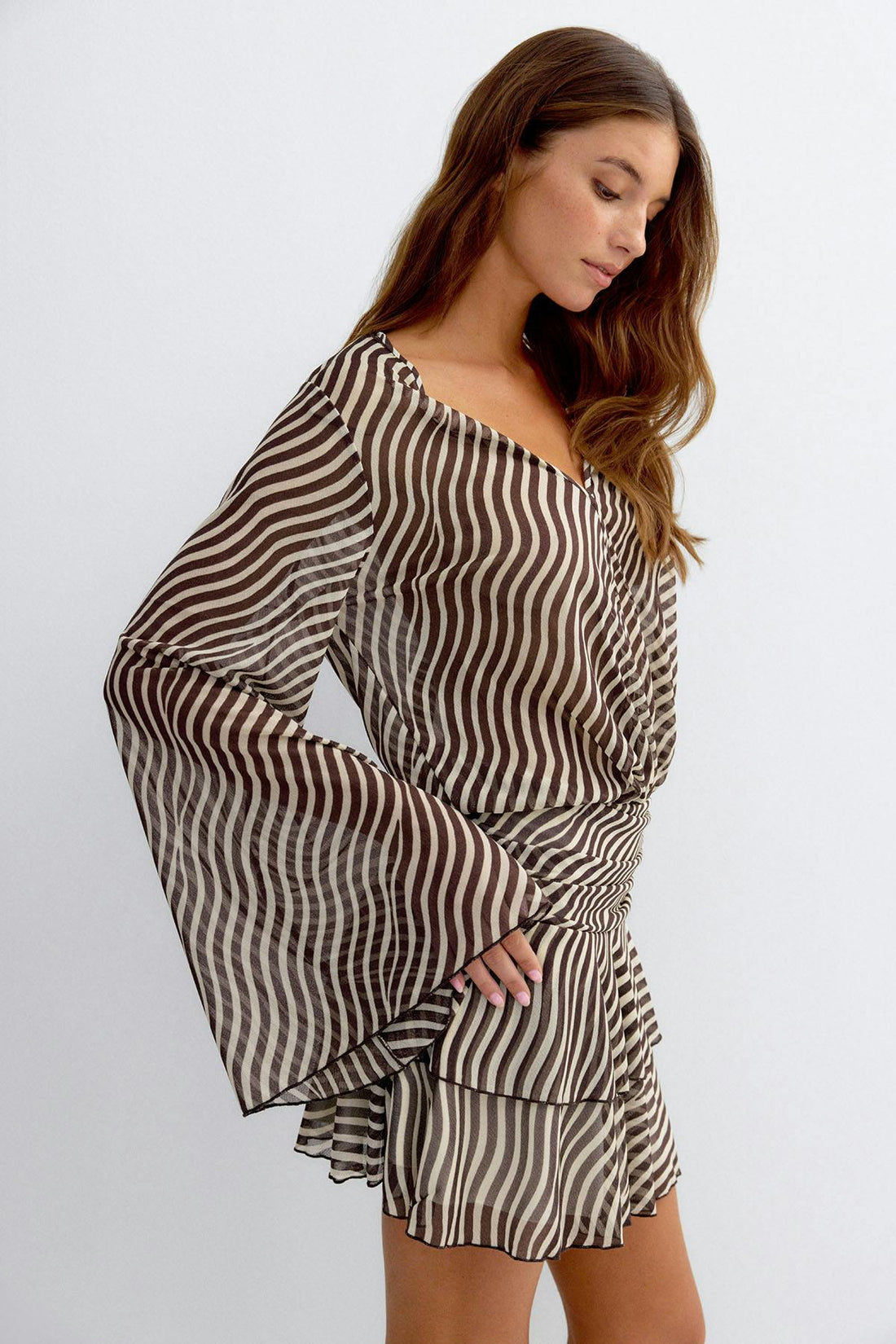 Sheer wide sleeve mini dress - Stripe