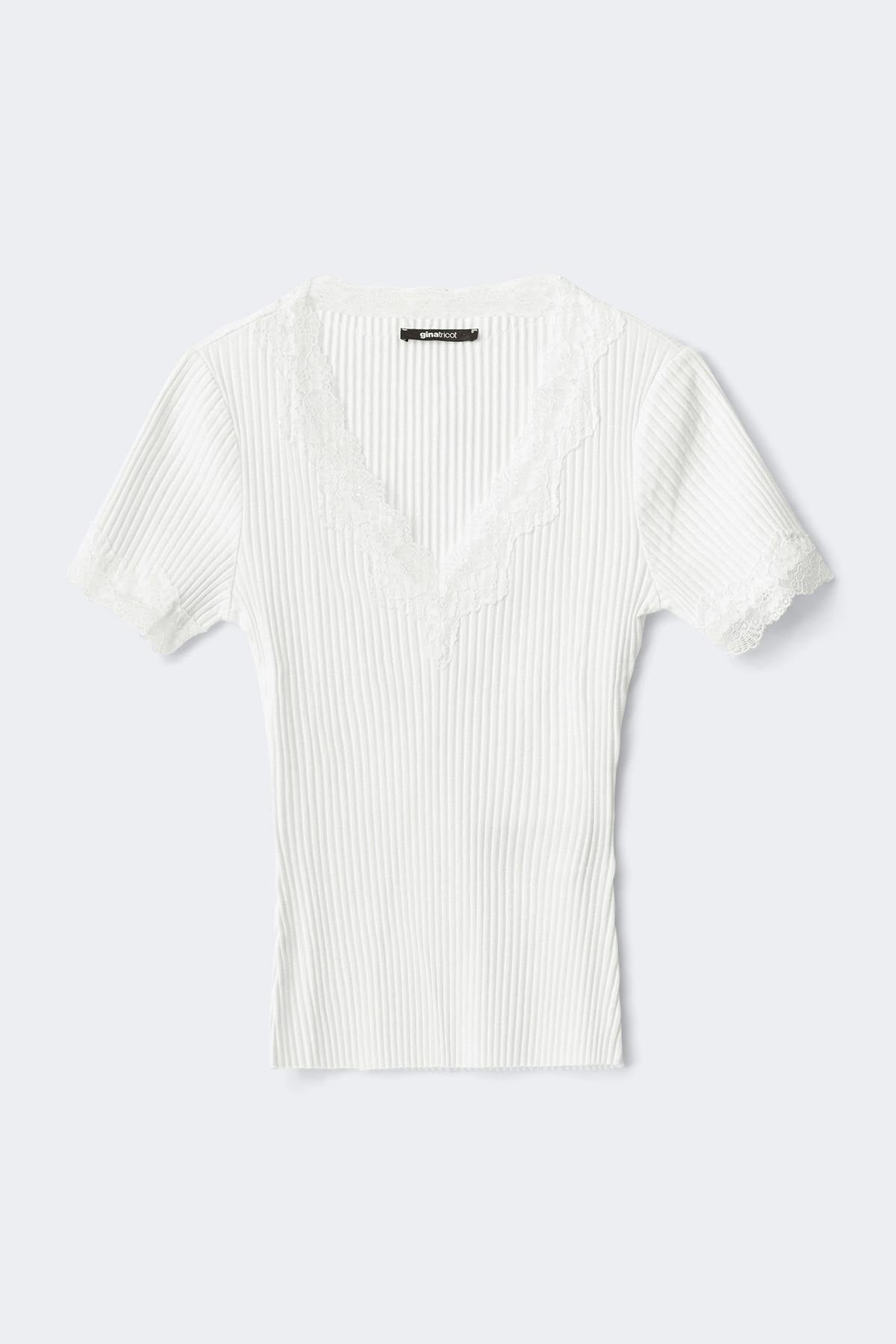 Lace detail rib top - Blanc cassé