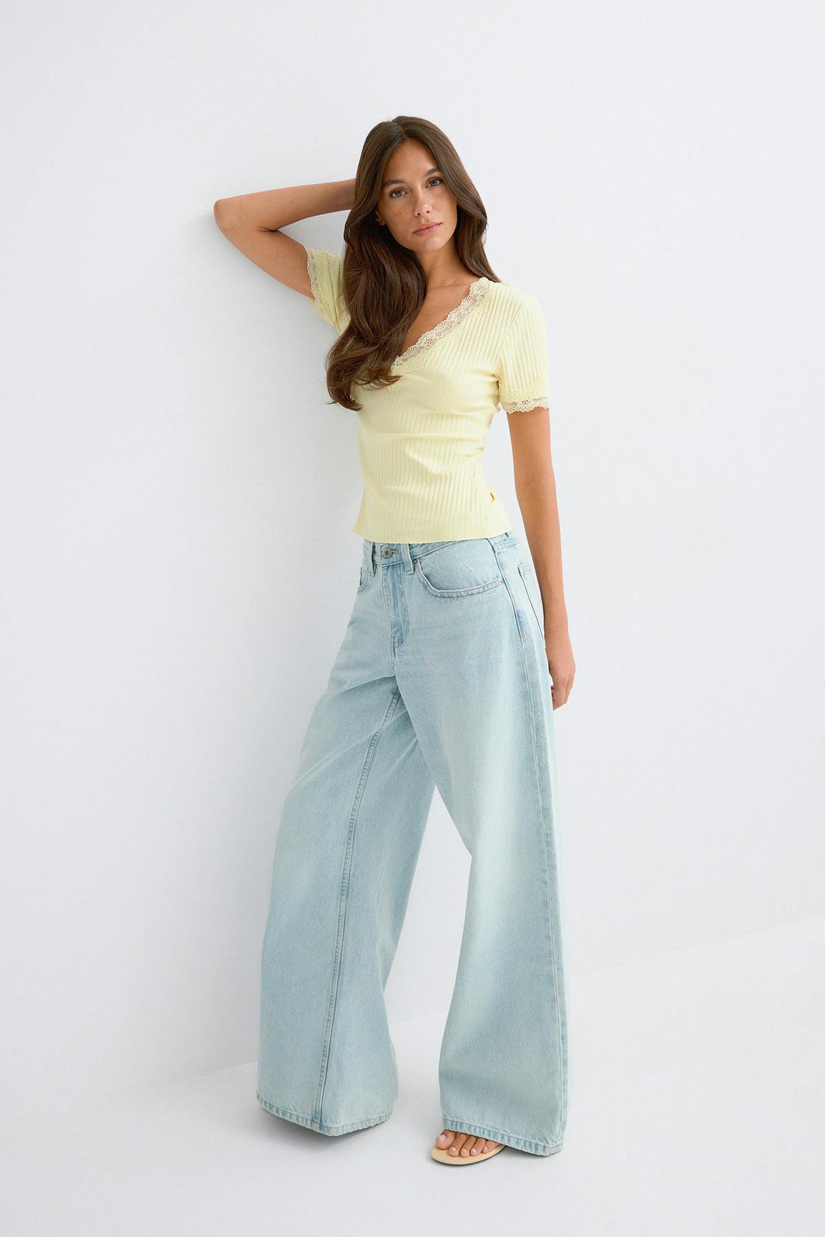 Lace detail rib top - Aloe wash