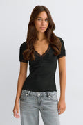 Lace detail rib top - Blanc cassé