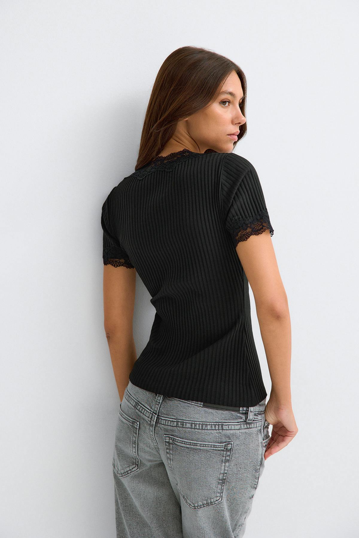 Lace detail rib top - Noir